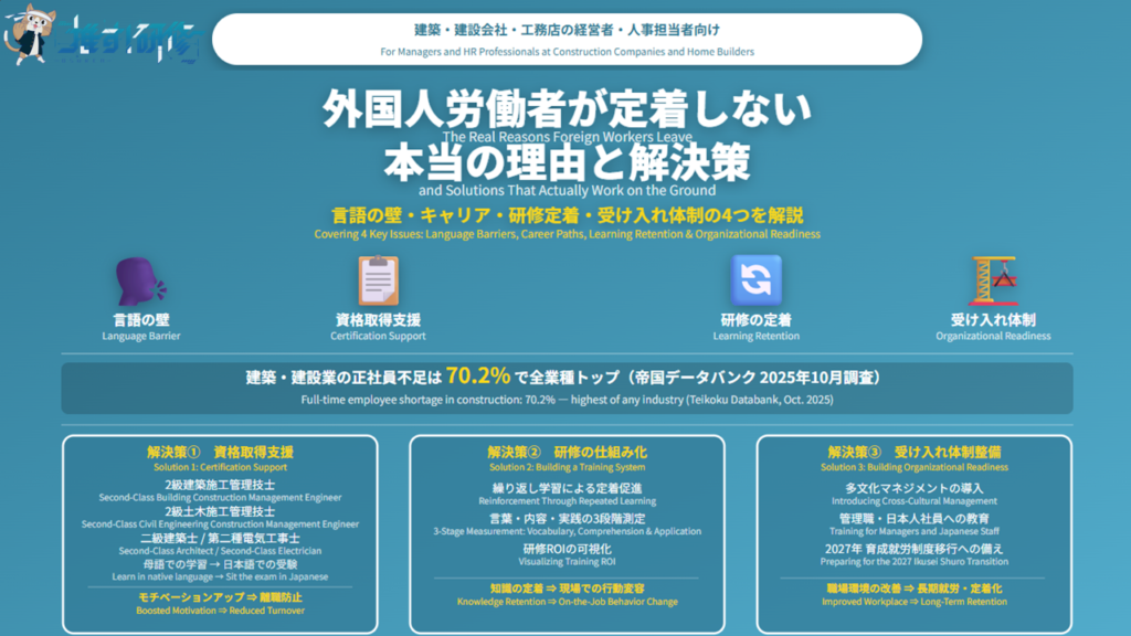 建築・建設業界の外国人労働者が定着しない理由と解決策｜資格取得支援・研修の仕組み化・受け入れ体制整備の3本柱を解説