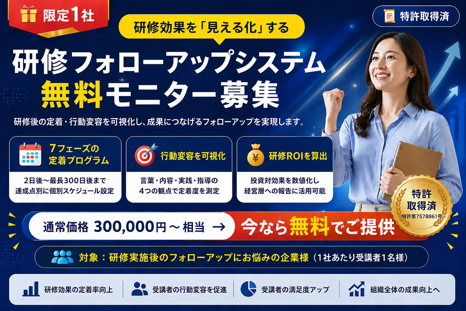 研修フォローアップシステム無料モニター募集｜7フェーズの定着プログラム・行動変容の可視化・研修ROI算出 通常価格300,000円～相当 特許第7578861号
