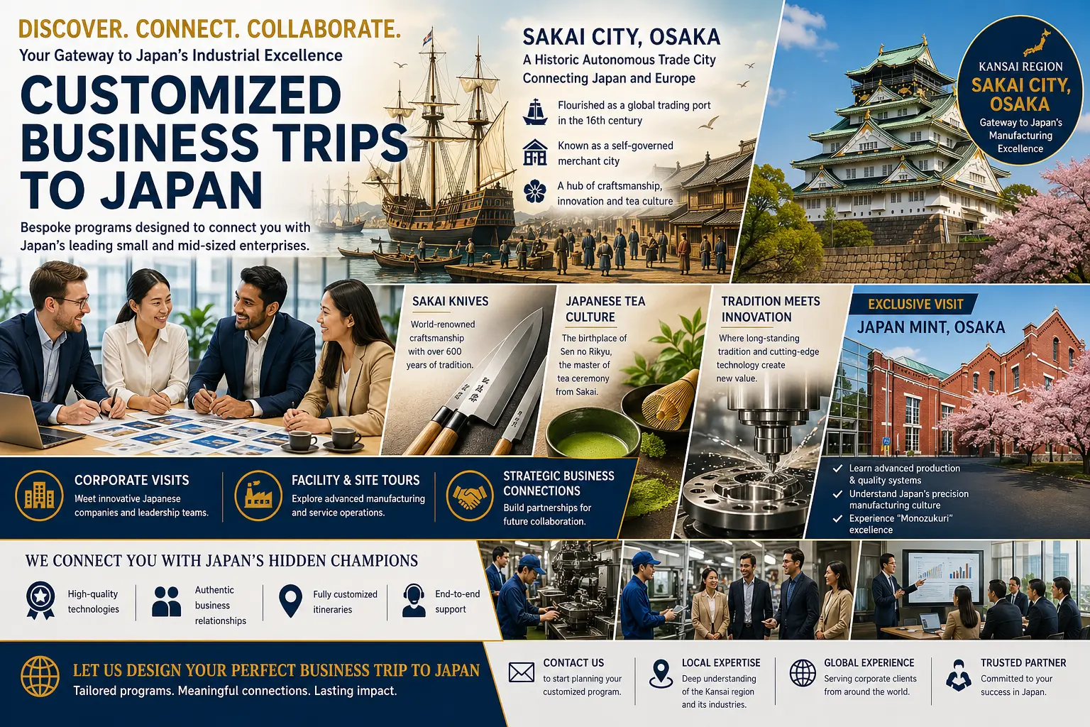 Customized Business Trips to Japan: Corporate visits and facility tours in Sakai City, Osaka, connecting global delegations with Japan's leading small and mid-sized enterprises. Organized by Osuken Inc.