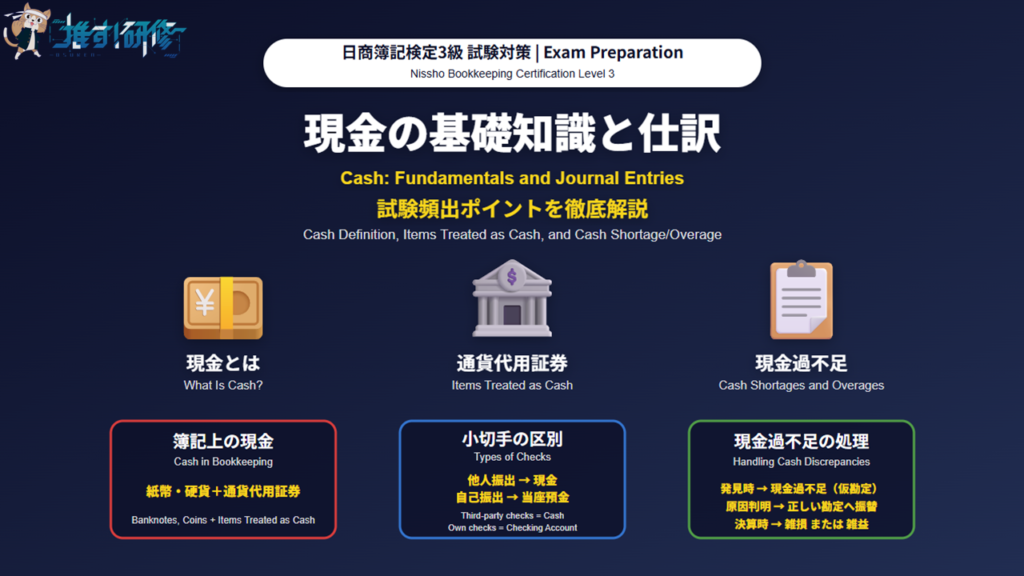 日商簿記検定3級 試験対策 - 現金の基礎知識と仕訳 アイキャッチ画像