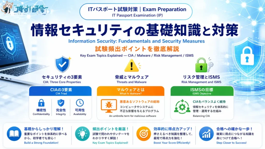 ITパスポート試験対策 - 情報セキュリティの基礎知識と対策 アイキャッチ画像