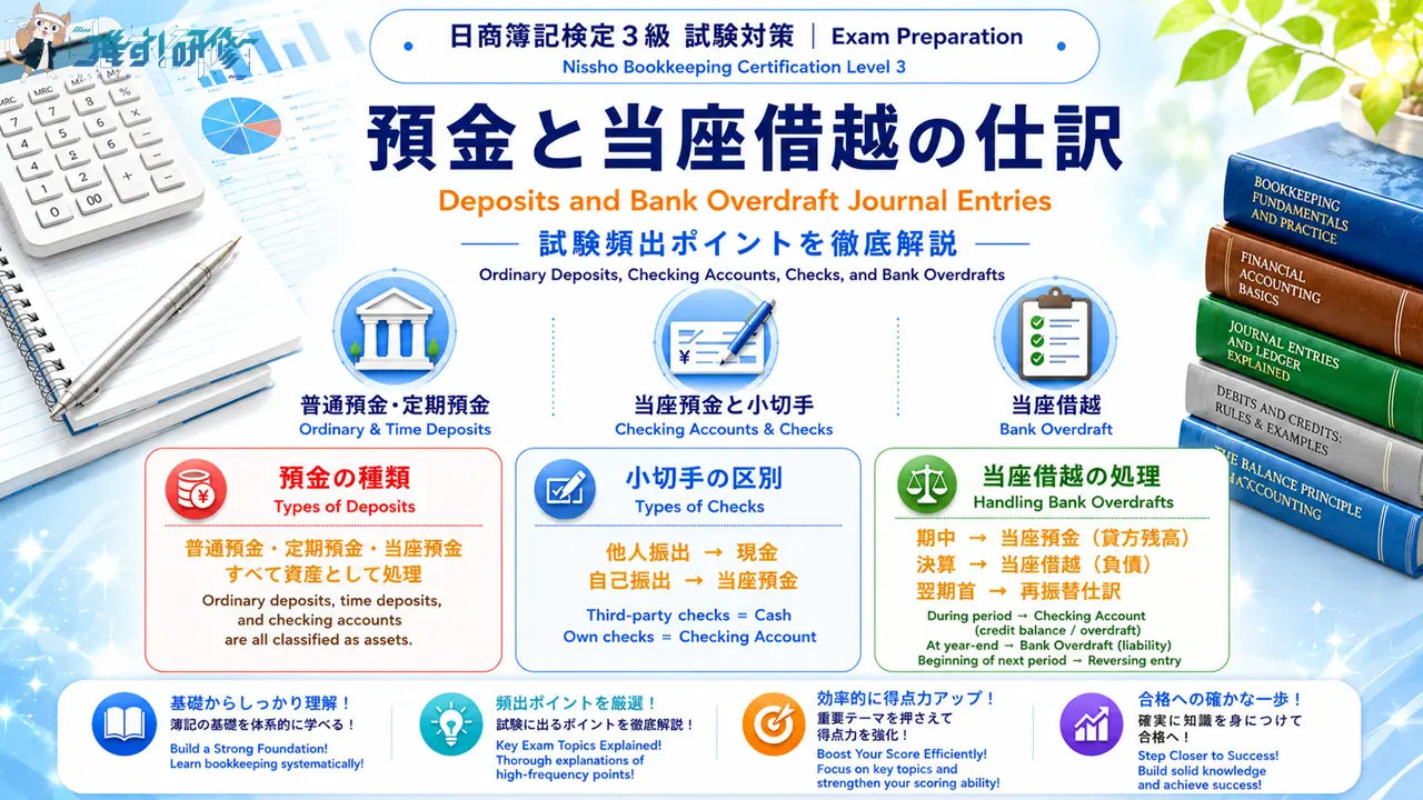 日商簿記検定3級 試験対策 - 預金と当座借越の仕訳 アイキャッチ画像