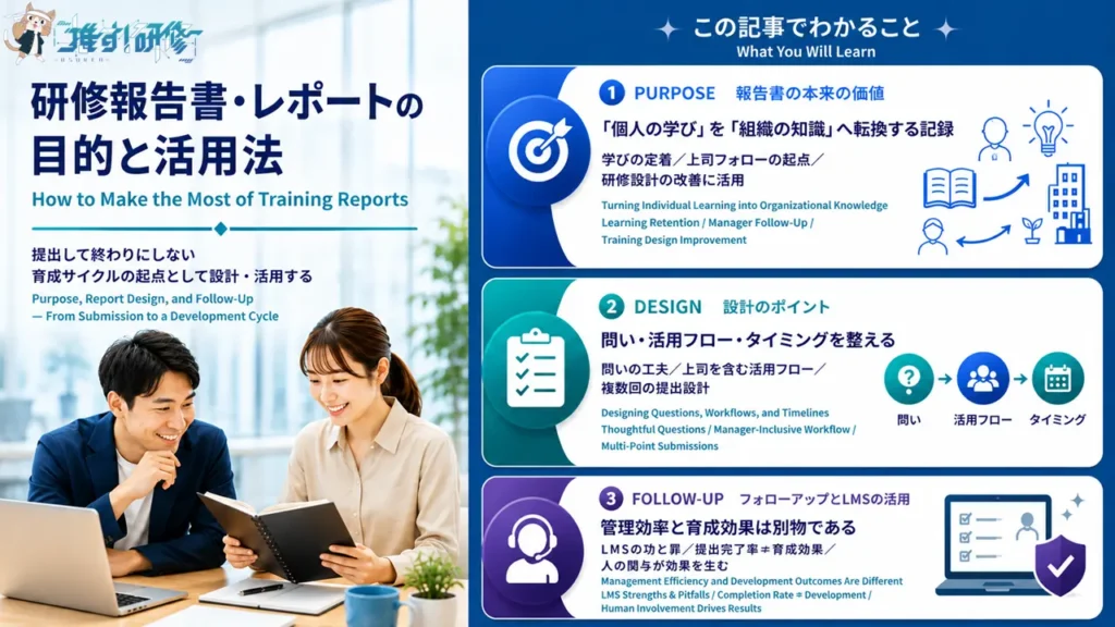 研修報告書・レポートの目的と活用法　提出して終わりにしない育成サイクルの起点として設計・活用するための実務ガイド　アイキャッチ画像