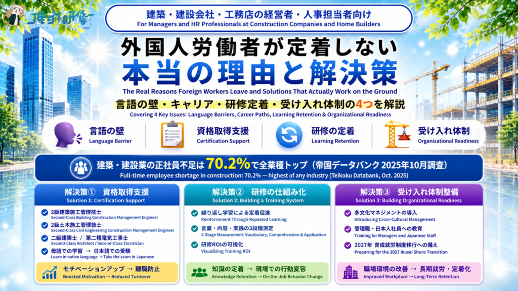 建築・建設業界の外国人労働者が定着しない理由と解決策｜資格取得支援・研修の仕組み化・受け入れ体制整備の3本柱を解説