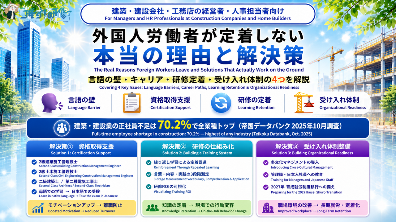 建築・建設業界の外国人労働者が定着しない理由と解決策｜資格取得支援・研修の仕組み化・受け入れ体制整備の3本柱を解説