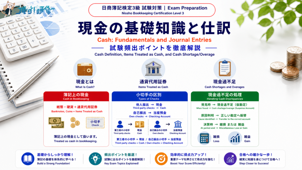 日商簿記検定3級 試験対策 - 現金の基礎知識と仕訳 アイキャッチ画像
