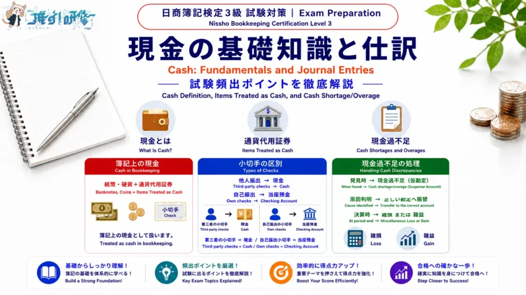 日商簿記検定3級 試験対策 - 現金の基礎知識と仕訳 アイキャッチ画像