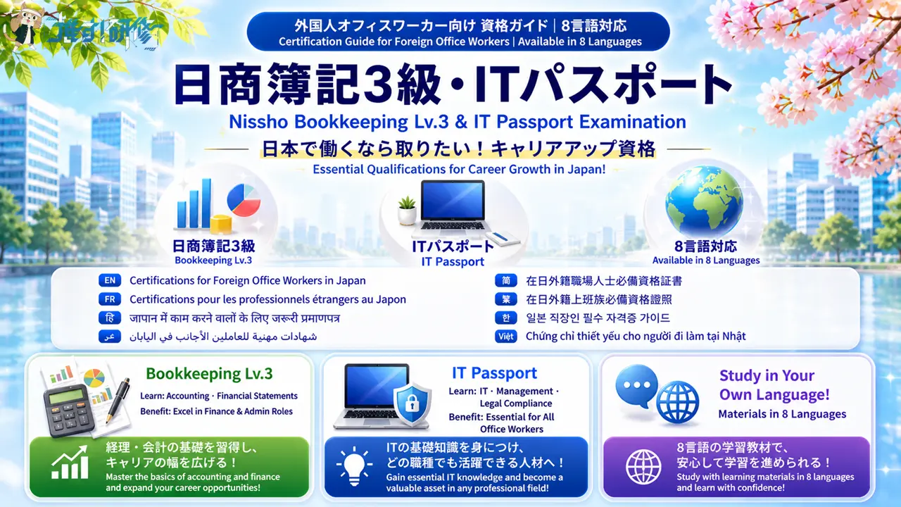 日本でオフィスワーカーとして働く外国人向け 日商簿記3級・ITパスポート 資格ガイド（8言語対応）
