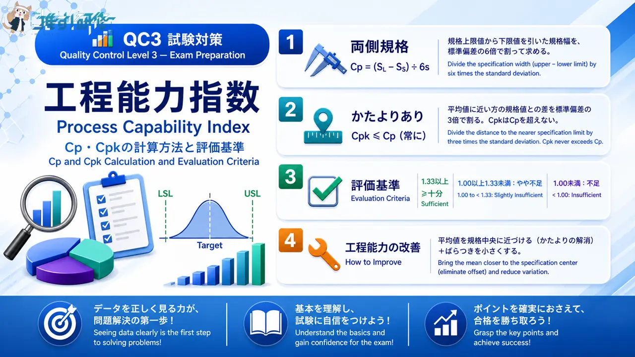 QC3試験対策 - 工程能力指数 Cp・Cpkの計算方法と評価基準 アイキャッチ画像