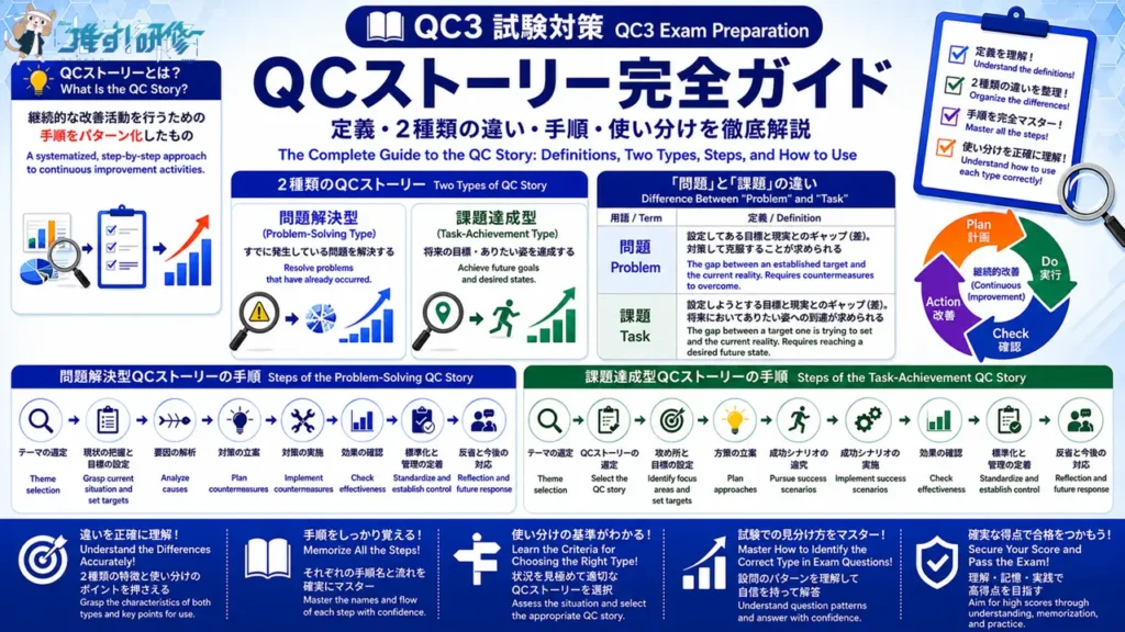QC3 QCストーリー（問題解決型の8手順・課題達成型の9手順）の違いと使い分けをわかりやすく解説 アイキャッチ画像
