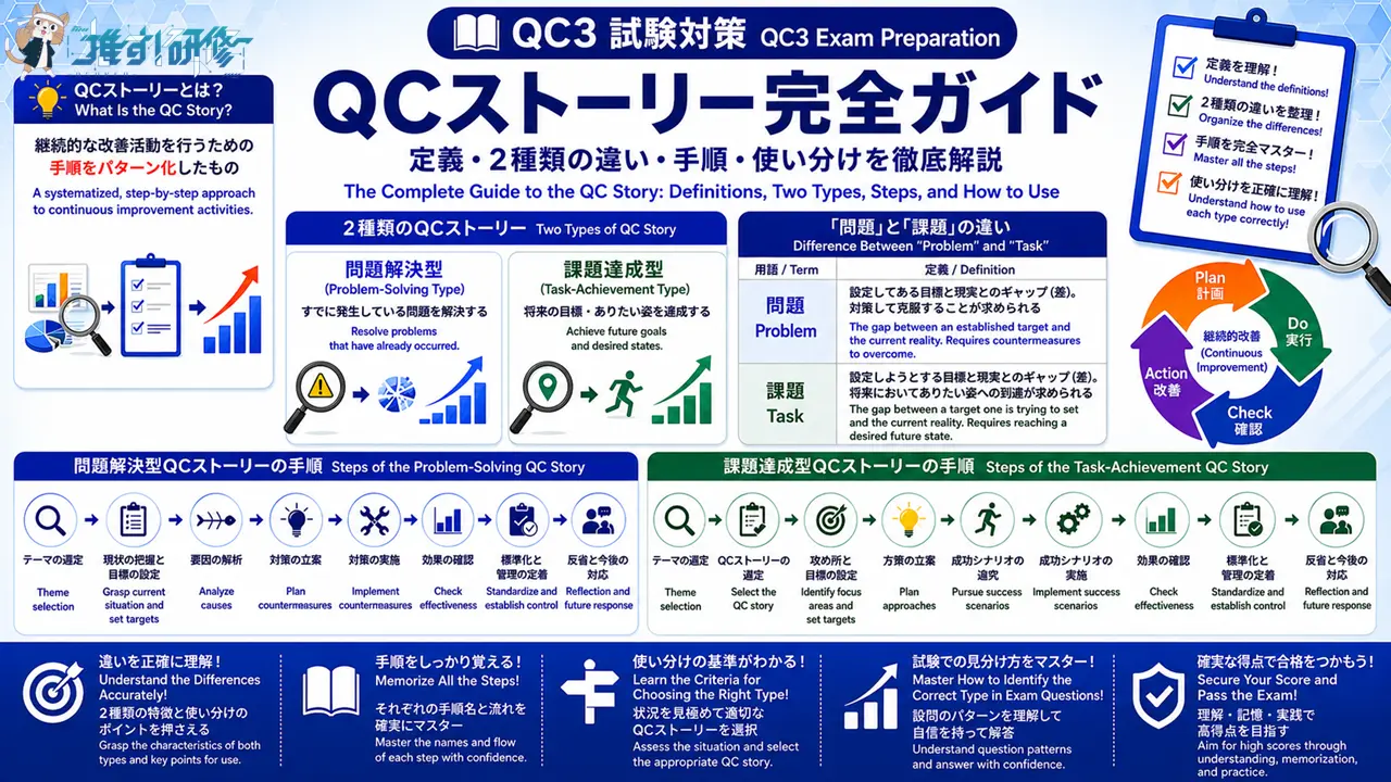 QC3 QCストーリー（問題解決型の8手順・課題達成型の9手順）の違いと使い分けをわかりやすく解説 アイキャッチ画像