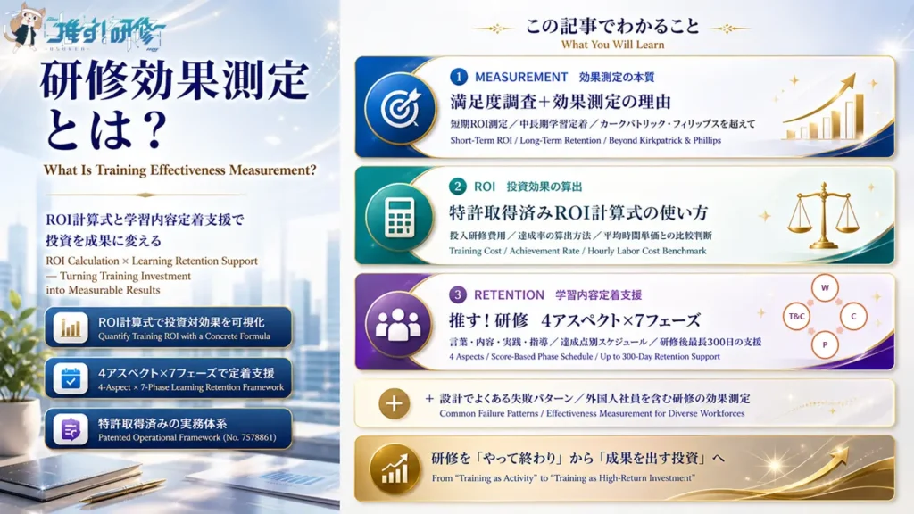 研修効果測定とは？ROI計算式と学習内容定着支援で投資を成果に変える実務設計ガイド アイキャッチ画像