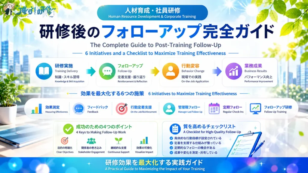 研修後のフォローアップ完全ガイド 効果を最大化する6つの施策とチェックリスト アイキャッチ画像