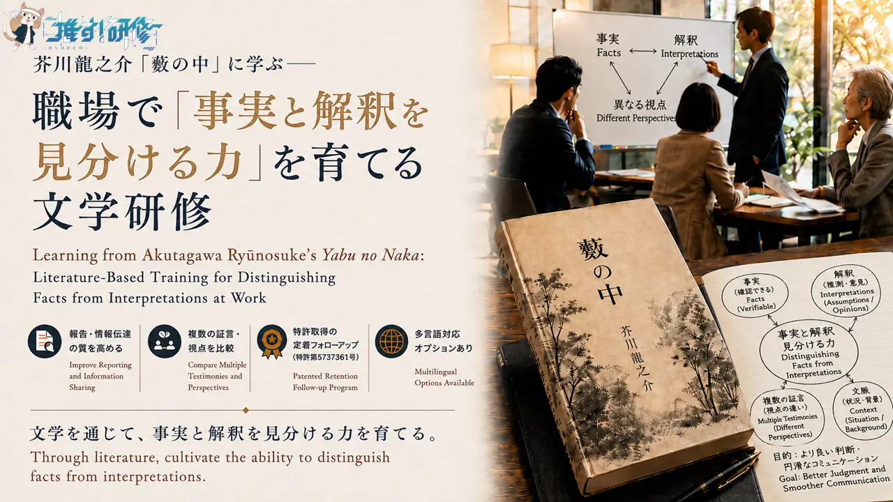 芥川龍之介『藪の中』に学ぶ文学研修｜職場で「事実と解釈を見分ける力」を育てる法人向けプログラム　古典文学を活用したオーダーメイド研修・特許取得の定着フォローアップ・多言語対応オプションあり｜オスケン株式会社