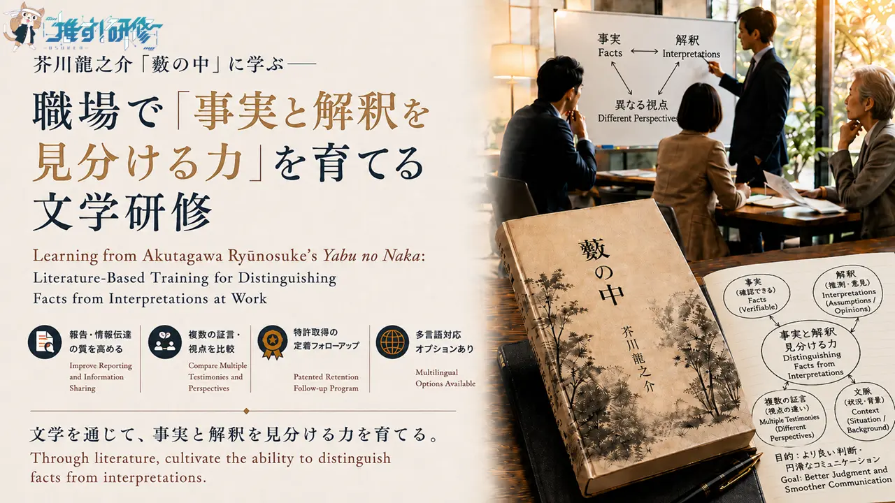 芥川龍之介『藪の中』に学ぶ文学研修|職場で「事実と解釈を見分ける力」を育てる法人向けプログラム 古典文学を活用したオーダーメイド研修・特許取得の定着フォローアップ・多言語対応オプションあり|オスケン株式会社