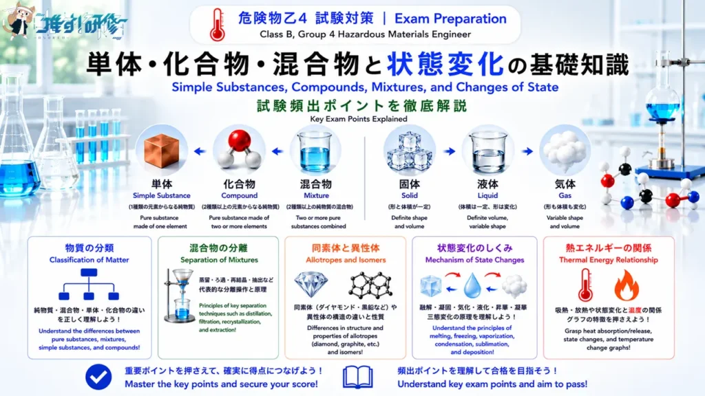 危険物乙4 単体・化合物・混合物と状態変化の基礎知識 アイキャッチ画像