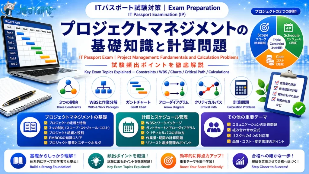 ITパスポート試験対策 - プロジェクトマネジメントの基礎知識と計算問題 アイキャッチ画像