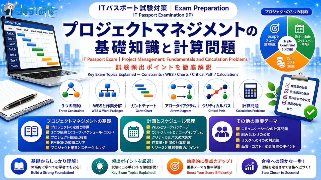ITパスポート試験対策 - プロジェクトマネジメントの基礎知識と計算問題 アイキャッチ画像