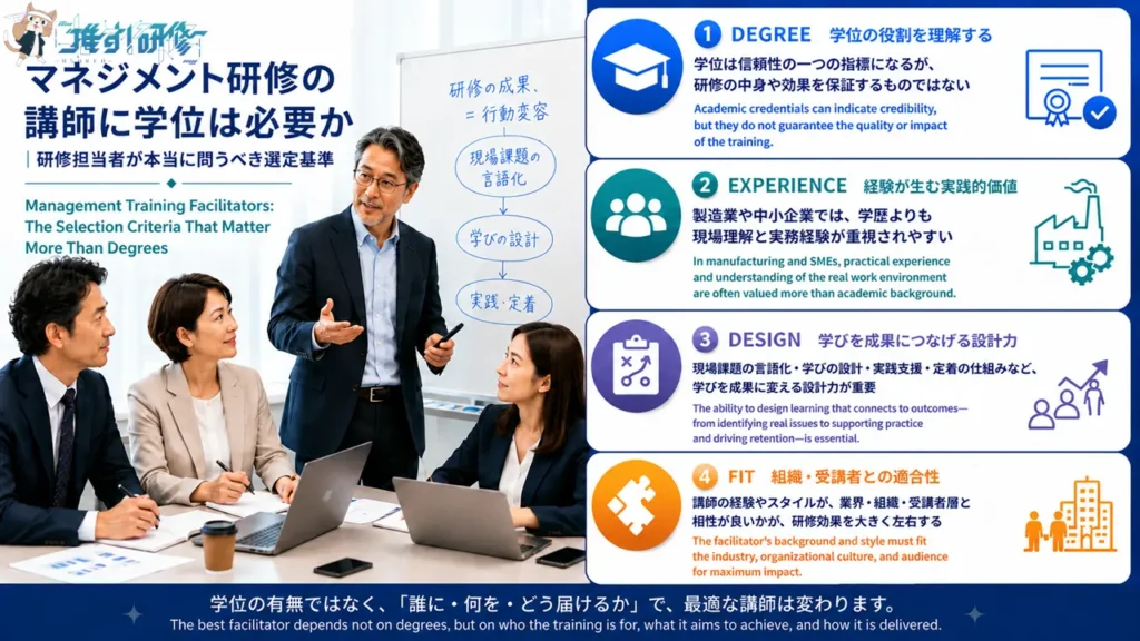 マネジメント研修の講師に学位は必要か｜研修担当者が本当に問うべき選定基準　学位だけで判断しない、文脈適合性・研修設計力・マッチングの質で講師を見極めるための実務ガイド　アイキャッチ画像