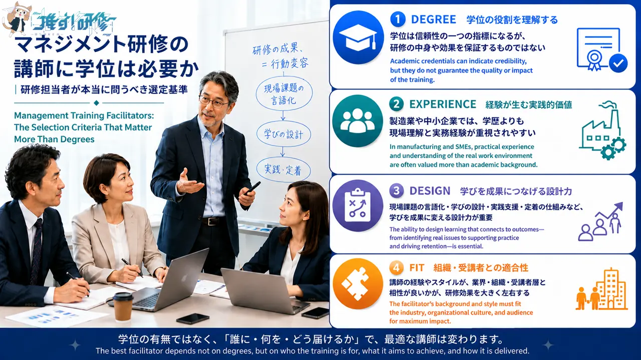 マネジメント研修の講師に学位は必要か｜研修担当者が本当に問うべき選定基準　学位だけで判断しない、文脈適合性・研修設計力・マッチングの質で講師を見極めるための実務ガイド　アイキャッチ画像