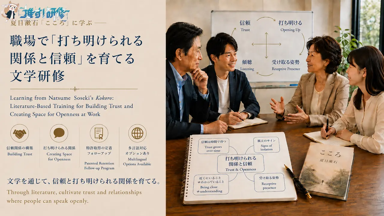 夏目漱石『こころ』に学ぶ文学研修｜職場で「打ち明けられる関係と信頼」を育てる法人向けプログラム　古典文学を活用したオーダーメイド研修・特許取得の定着フォローアップ・多言語対応オプションあり｜オスケン株式会社