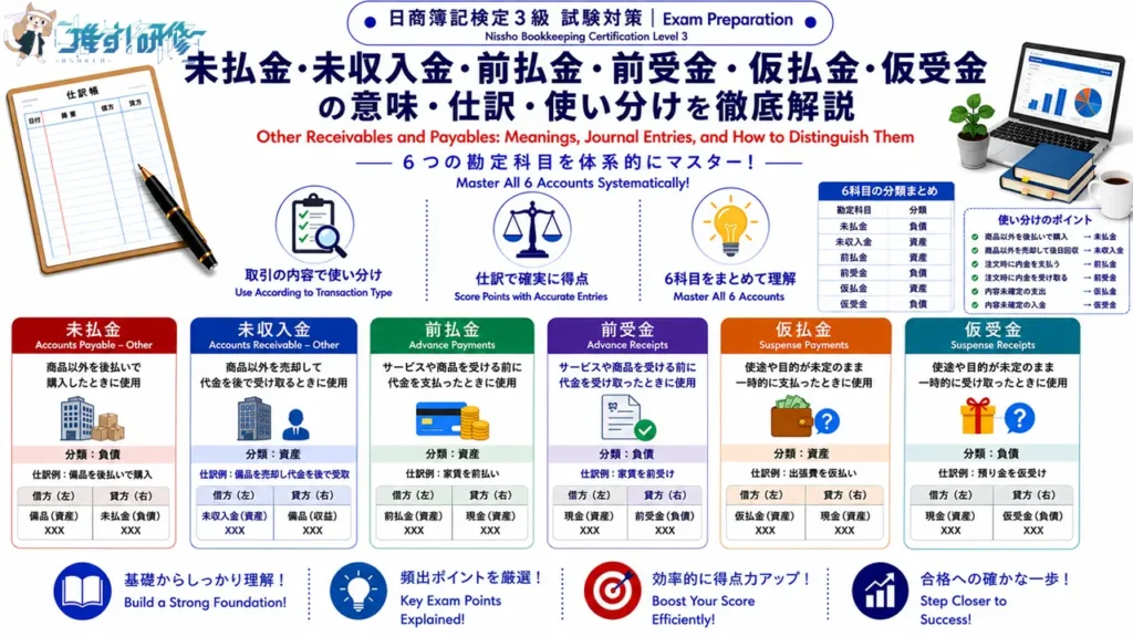 日商簿記検定3級 未払金・未収入金・前払金・前受金・仮払金・仮受金の仕訳を解説 アイキャッチ画像