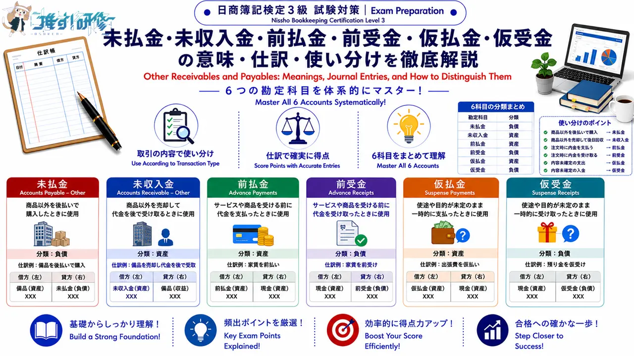 日商簿記検定3級 未払金・未収入金・前払金・前受金・仮払金・仮受金の仕訳を解説 アイキャッチ画像