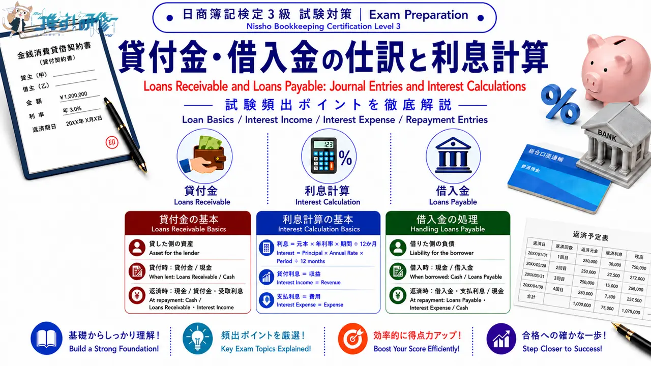 日商簿記検定3級 貸付金・借入金の仕訳と利息計算 アイキャッチ画像