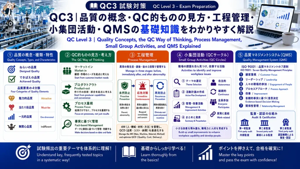QC3 品質の概念・QC的ものの見方・工程管理・小集団活動・QMSの基礎知識をわかりやすく解説 アイキャッチ画像