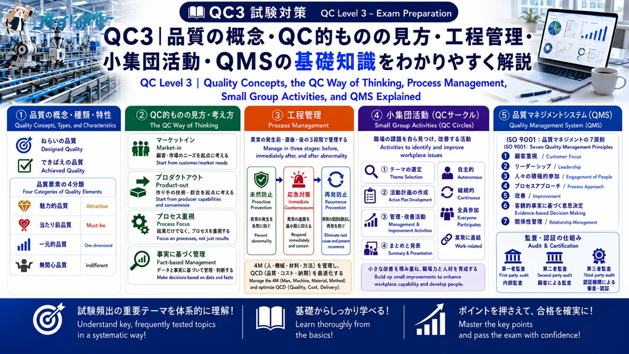 QC3 品質の概念・QC的ものの見方・工程管理・小集団活動・QMSの基礎知識をわかりやすく解説 アイキャッチ画像