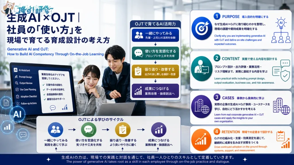 生成AI×OJT｜社員の「使い方」を現場で育てる育成設計の考え方　AIとの対話に頼りきらず、指導者との関係性・判断力・組織的な支援体制まで含めて設計する、生成AI活用OJTの実務ガイド　アイキャッチ画像