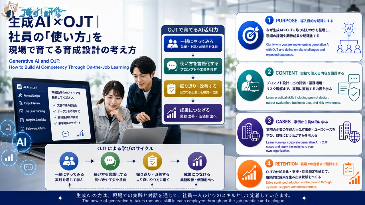 生成AI×OJT｜社員の「使い方」を現場で育てる育成設計の考え方　AIとの対話に頼りきらず、指導者との関係性・判断力・組織的な支援体制まで含めて設計する、生成AI活用OJTの実務ガイド　アイキャッチ画像