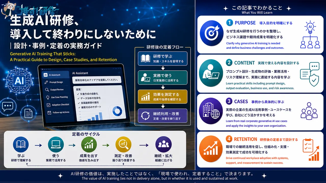 生成AI研修、導入して終わりにしないために|設計・事例・定着の実務ガイド ツール習得にとどまらない、目的設計・国内外の企業事例・研修後の定着サイクルまでを網羅した法人向けAI研修の実務ガイド アイキャッチ画像