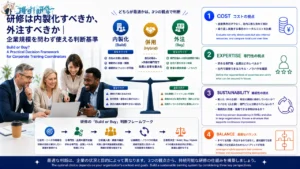 研修は内製化すべきか、外注すべきか｜企業規模を問わず使える判断基準　コスト・専門性・継続性の3つの観点から、属人化とサイロ化という異なるリスクを踏まえつつ、内製・外注・ハイブリッドを使い分けるための実務ガイド　アイキャッチ画像