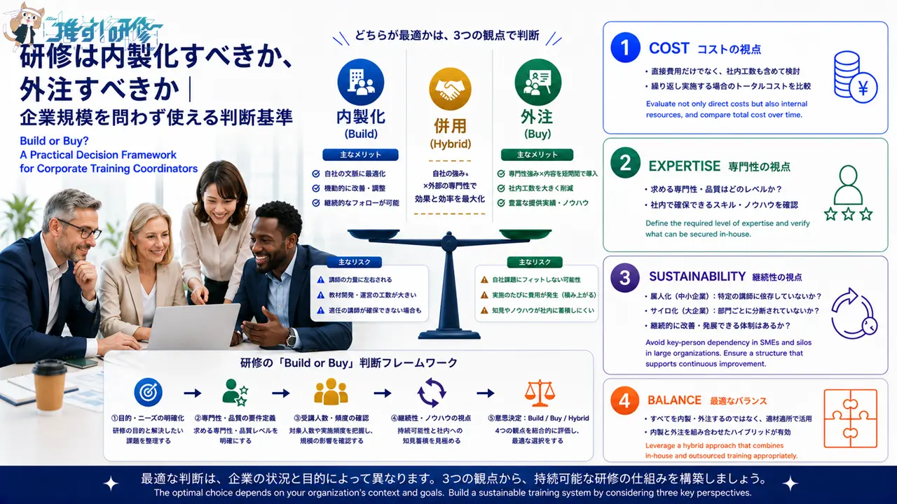 研修は内製化すべきか、外注すべきか|企業規模を問わず使える判断基準 コスト・専門性・継続性の3つの観点から、属人化とサイロ化という異なるリスクを踏まえつつ、内製・外注・ハイブリッドを使い分けるための実務ガイド アイキャッチ画像