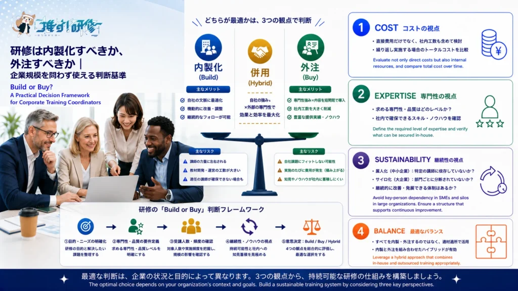 研修は内製化すべきか、外注すべきか｜企業規模を問わず使える判断基準　コスト・専門性・継続性の3つの観点から、属人化とサイロ化という異なるリスクを踏まえつつ、内製・外注・ハイブリッドを使い分けるための実務ガイド　アイキャッチ画像