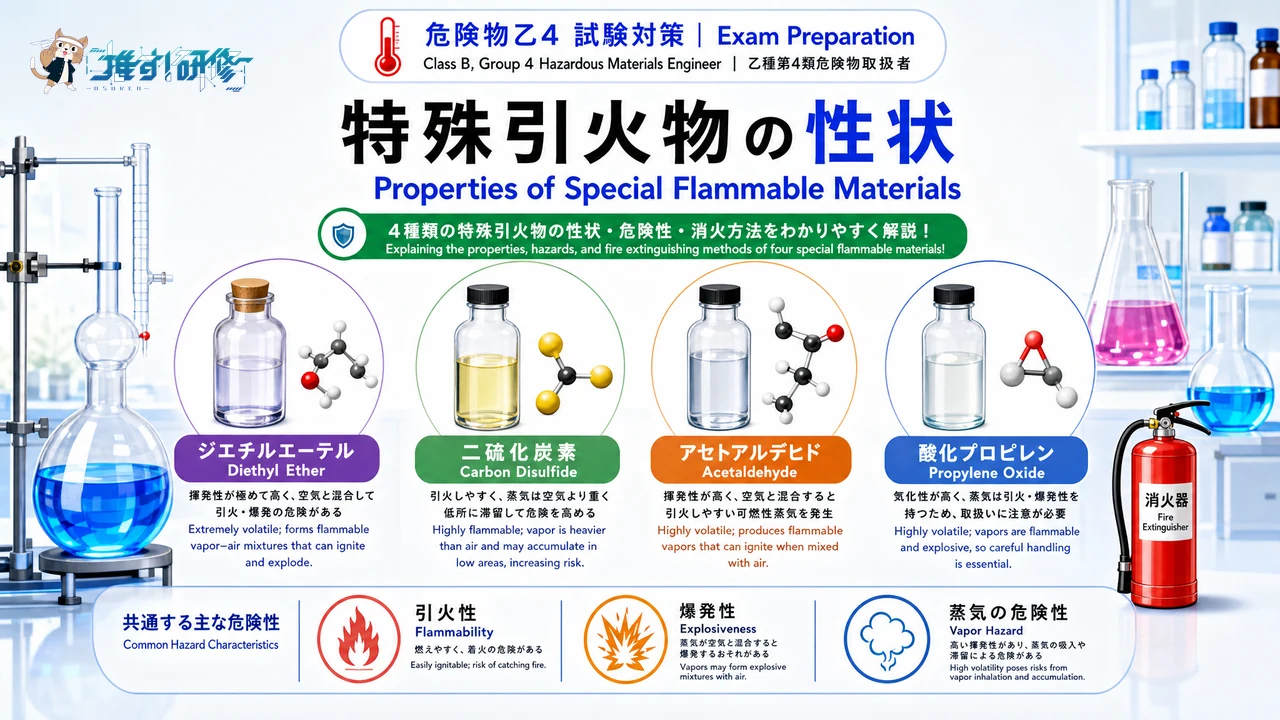 特殊引火物の性状 危険物乙4の特殊引火物(ジエチルエーテル・二硫化炭素・アセトアルデヒド・酸化プロピレン)の性状と危険性、消火方法を解説 アイキャッチ画像