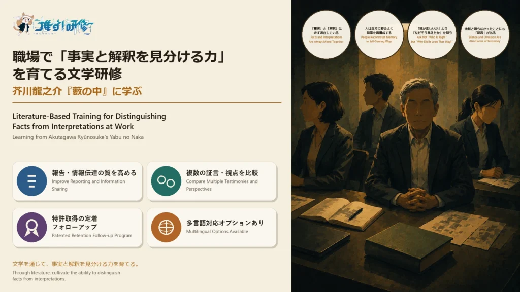 芥川龍之介『藪の中』に学ぶ文学研修｜職場で「事実と解釈を見分ける力」を育てる法人向けプログラム　古典文学を活用したオーダーメイド研修・特許取得の定着フォローアップ・多言語対応オプションあり｜オスケン株式会社